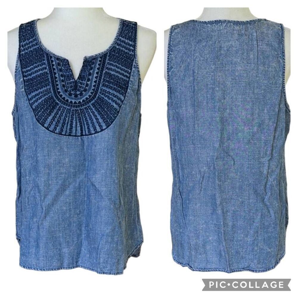SKIES ARE BLUE Tank Top Blue Chambray Navy Embroidered Neckline Size M Women
